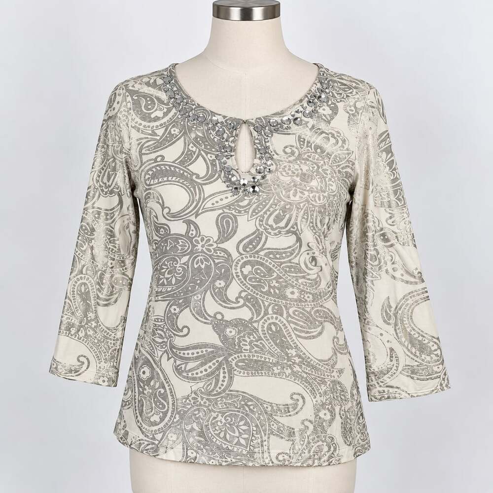Chico’s Size 2 Ivory Silver Paisley Rhinestone Keyhole 3/4 Sleeve Top